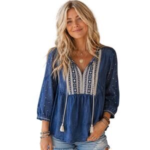 Haute Curvy Chambray Embroidered Top Womens Small Blue Tassel Lyocell Peasant